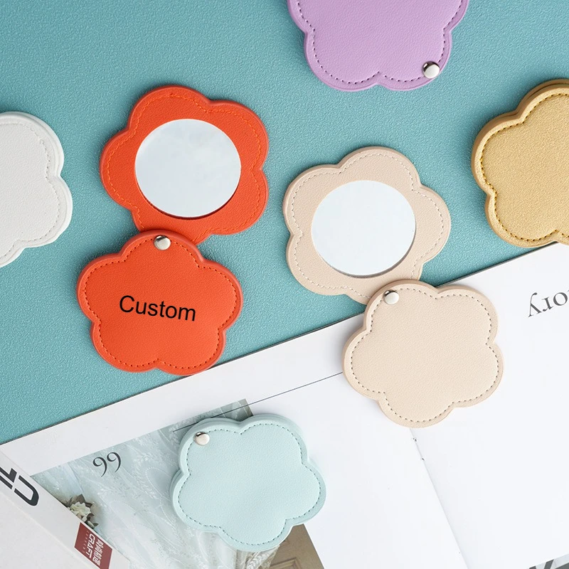 

Laser Customized LOGO Flower Portable Cute Small Mirror PU Leather Personalize Text Portable Rotating Makeup Looking Glass