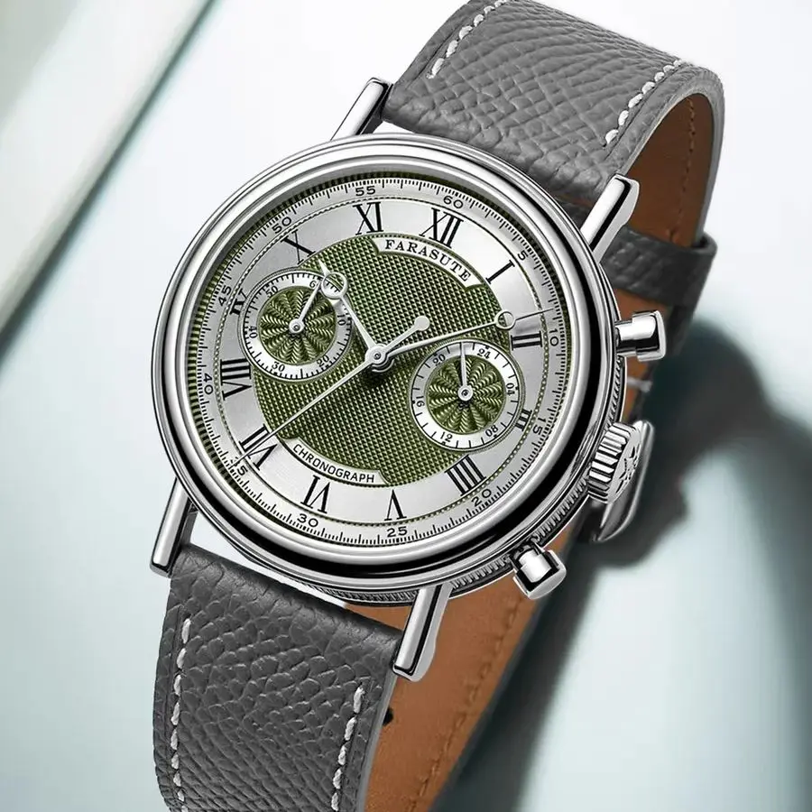 FARASUTE Men Chronograph Watch Sport 38mm Quartz Wristwatch Sapphire Mirror 3ATM Waterproof VK64