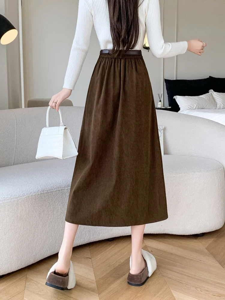 Herbst Winter Vintage Cord Midi Rock Mit Gürtel Elegante Mode Lässig Große Schaukel A-Line Lange Röcke Dame