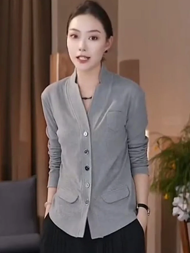 

Женский топ с длинным рукавом и узким V-образным вырезом, приталенный, весна 2026, модный, люксовый, высококачественный, в корейском стиле, для повседневной носки