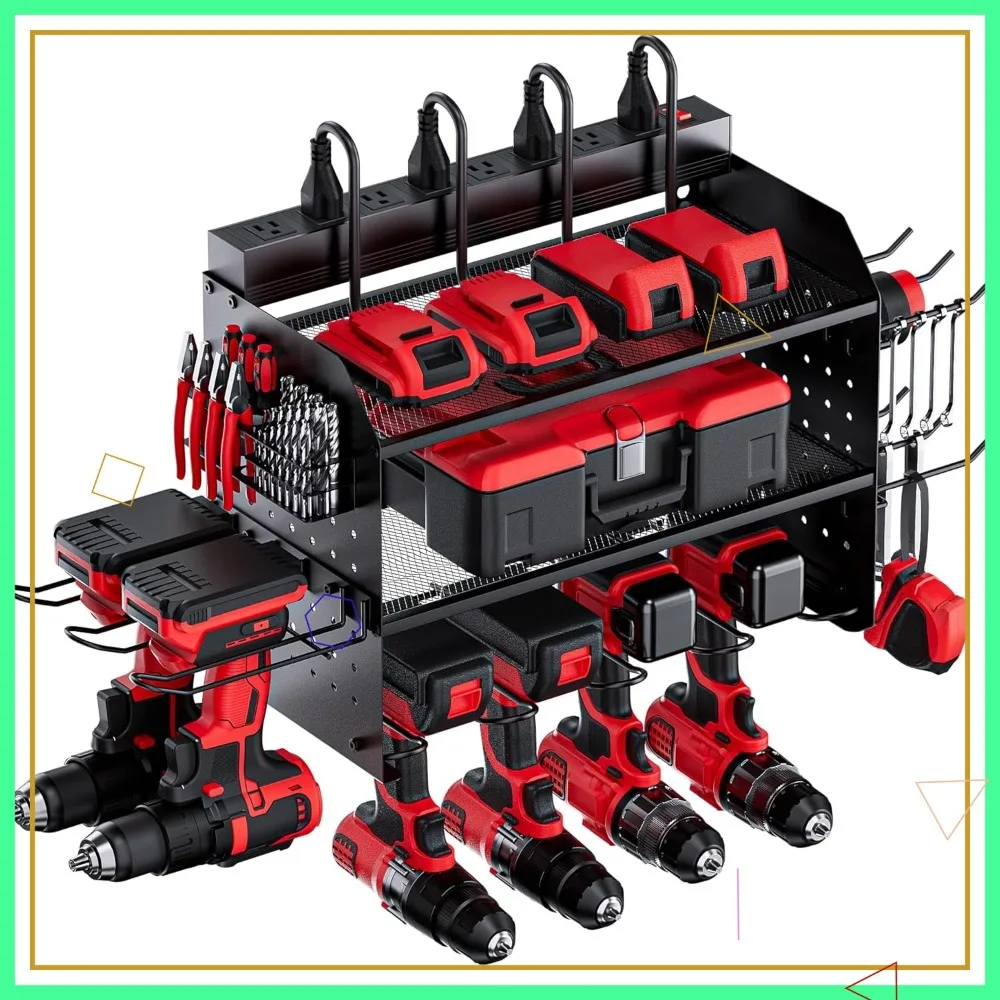 

3-Layer Wall Mount Charging Station with 8 Outlets, 6 Drill Holders and Bit Rack for Garage, Workbench, Workshop Storage