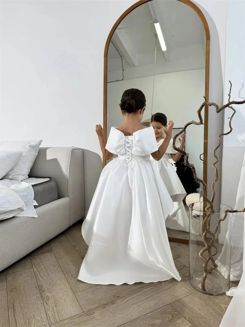Custom Luxury White Off Shoulder Big Bow Trailing Train Satin Flower Girl Gown Pageant Runway Guest Bday Kids Wedding Short Part