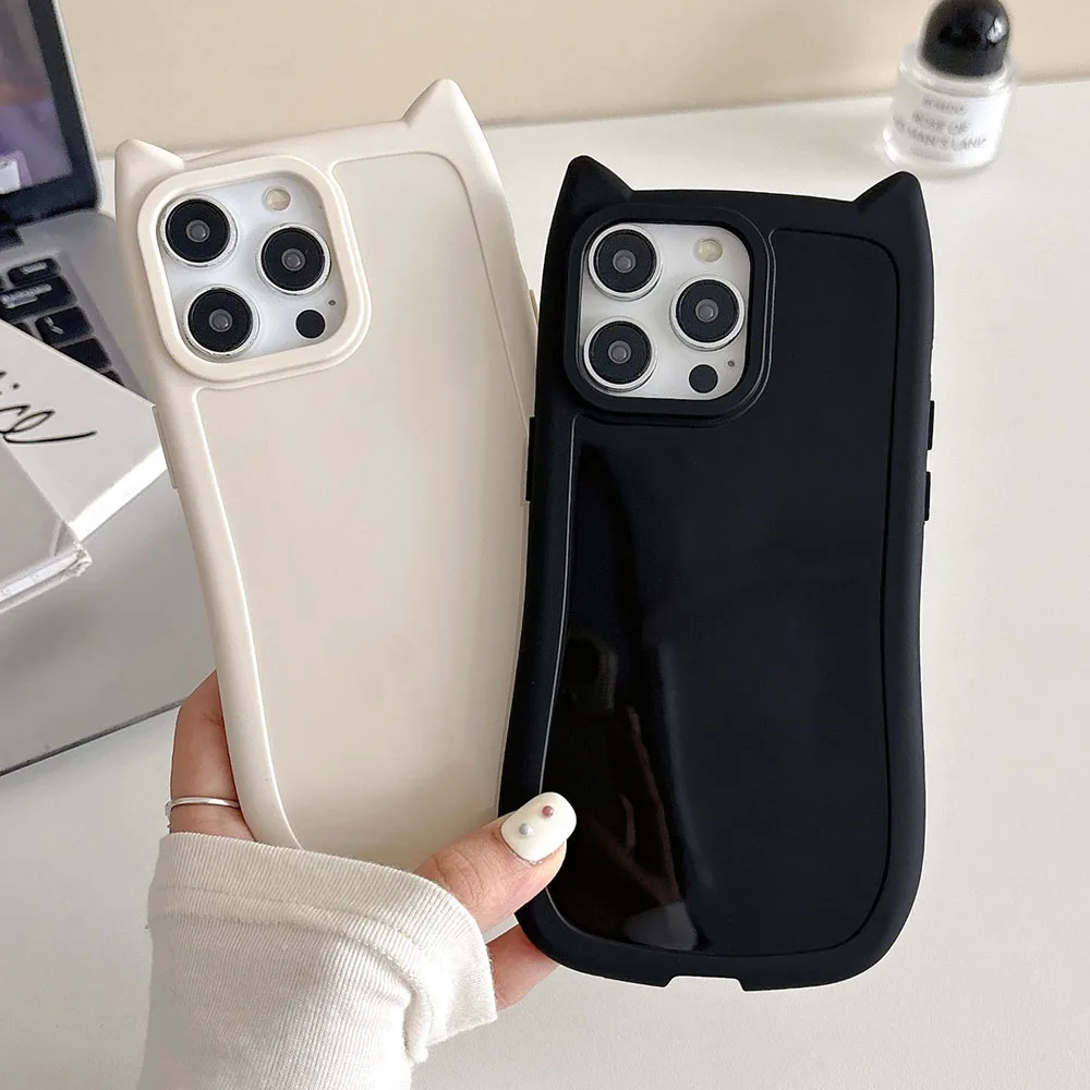 Korean Cat Ear Candy Color Case For iPhone 11 13 12 14 15 Pro Max 16 14Pro Max Cartoon Kitten Shockproof Girl Soft Back Cover