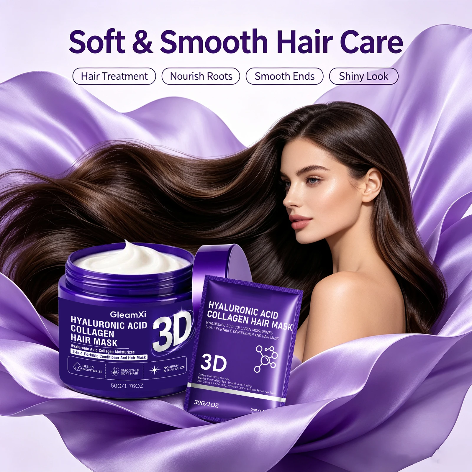 Portable Hyaluronic Acid Collagen Hair Mask Smooth Frizzy Repair Roots Split Ends Reduce Breakage Travel-Size 2-in-1 Conditioner
