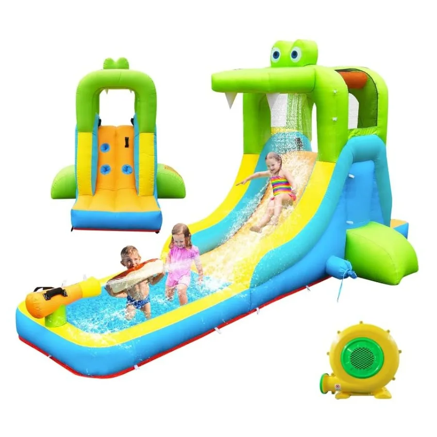 Inflatable Water Slide - Crocodile Theme Bounce House Water Park with Blower, Climbing Wall, Splash Pool, Water Cannon, Blow up