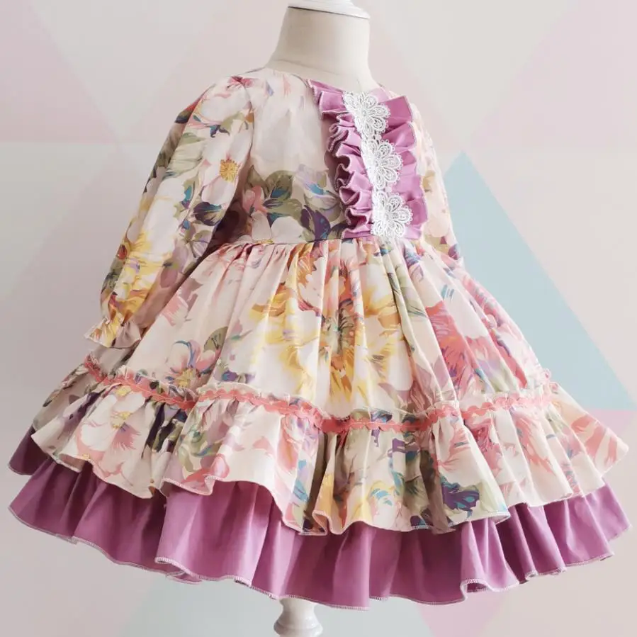 

Vintage baby girl Spanish floral printed princess dress kids party ball gown Turkey dress