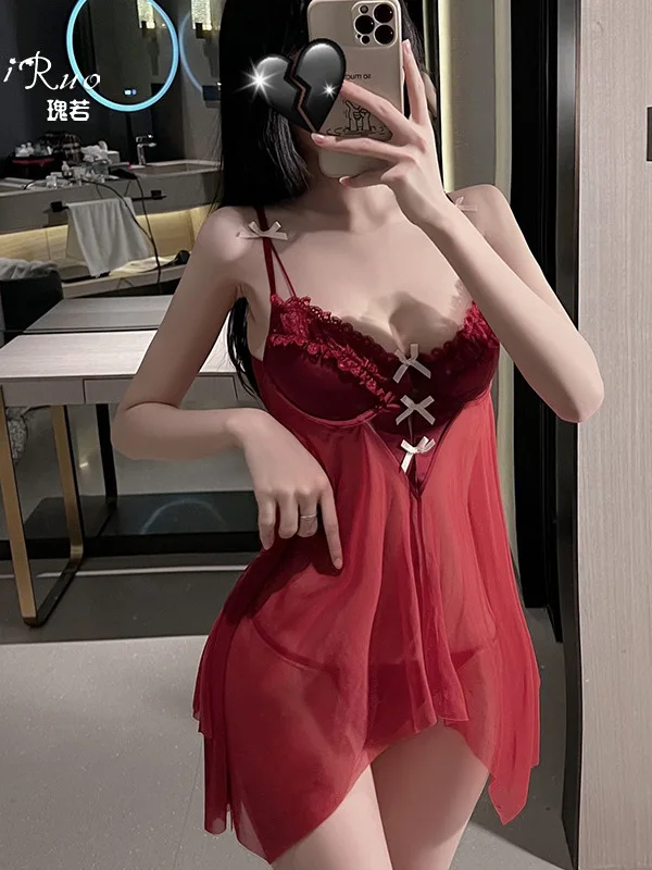 Sexy Steel Ring Gathered Bra Mesh Sling Nightdress Home Clothes Dress Elegant Fashion Sexy Korean Mini Dress Tops S891