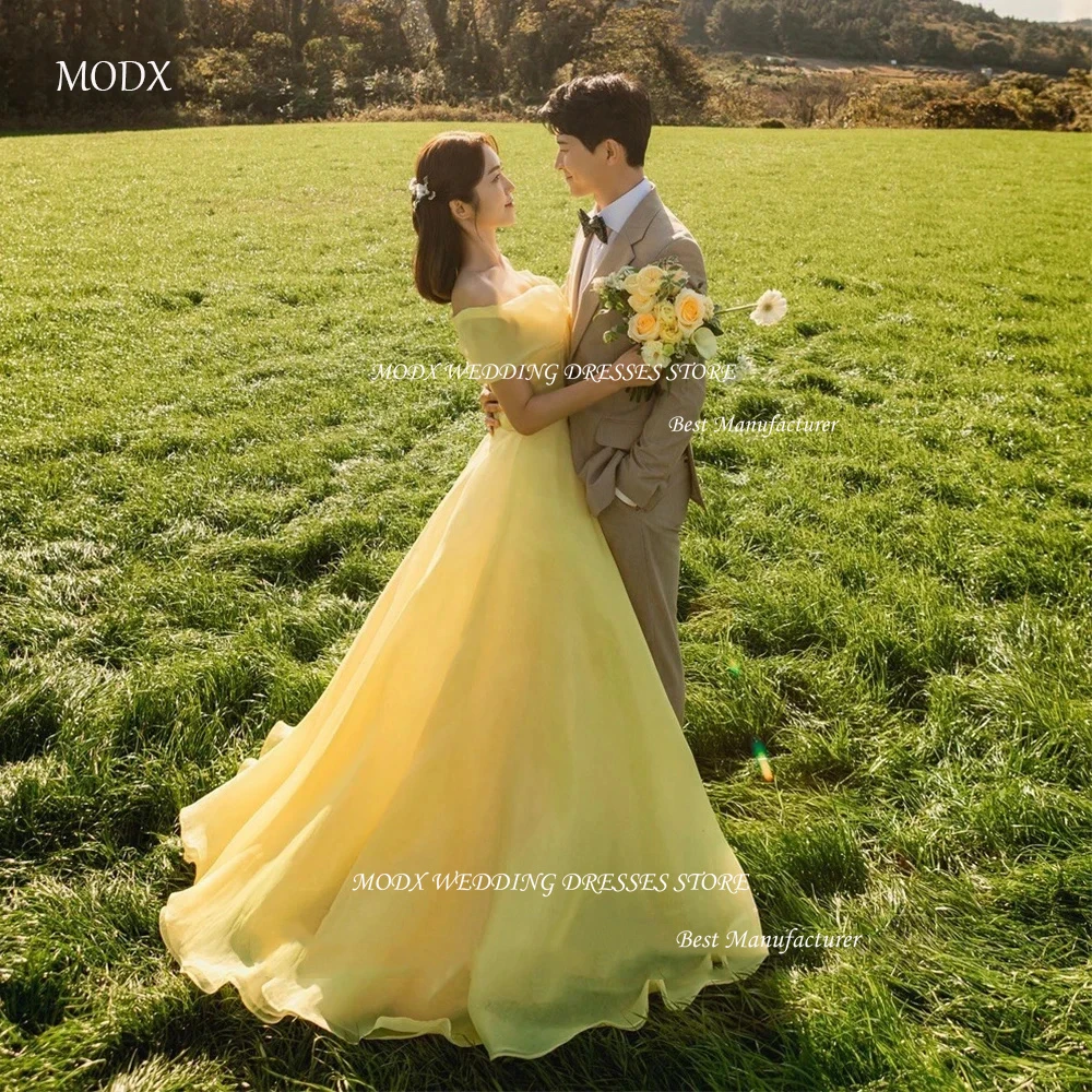 MODX Simple Yellow A Line Long Prom Evening Dresses Korea Women Short Sleeves Organza Garden Wedding Bride Gowns