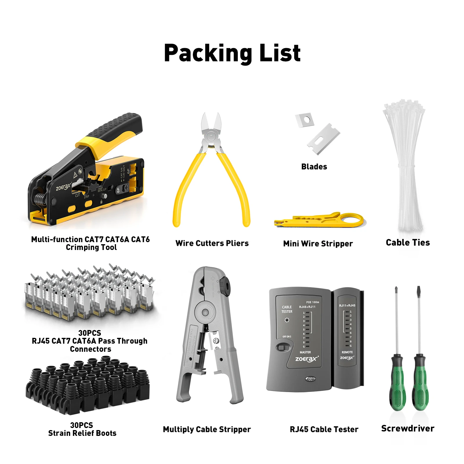 مجموعة أدوات تجعيد ZoeRax 11 in 1 RJ45 Cat7 Cat6A، جهاز اختبار الكابلات، قاطع الأسلاك، موصلات الشفرات Cat7 والأحذية، مفكات ربطات الكابلات