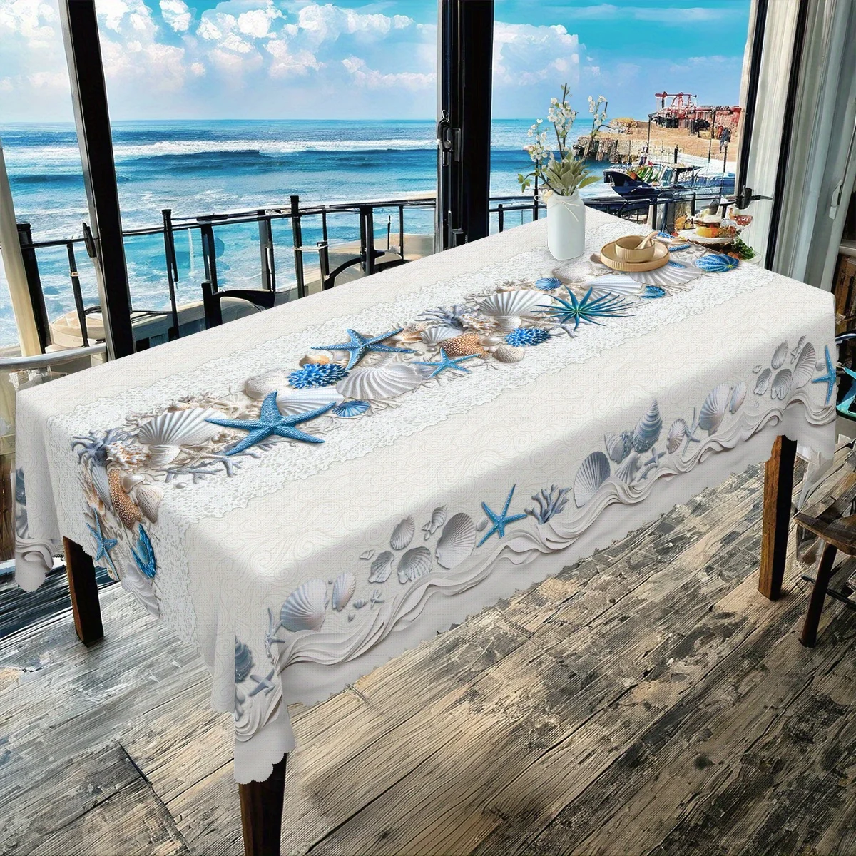 Ocean Themed Tablecloth, Coastal Beach Style Table Cover Starfish Shell Conch Coral Sand Butterfly Print, Polyester Round Rectan