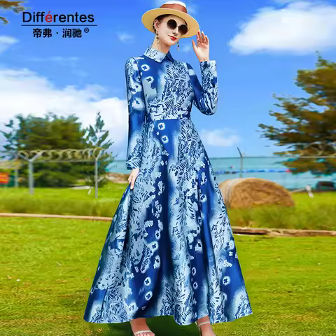 Women Spring Floral Jacquard Long Dress Girls Long Sleeve Blue Runway Dress Birthday Party Evening Clothing Photography Robe