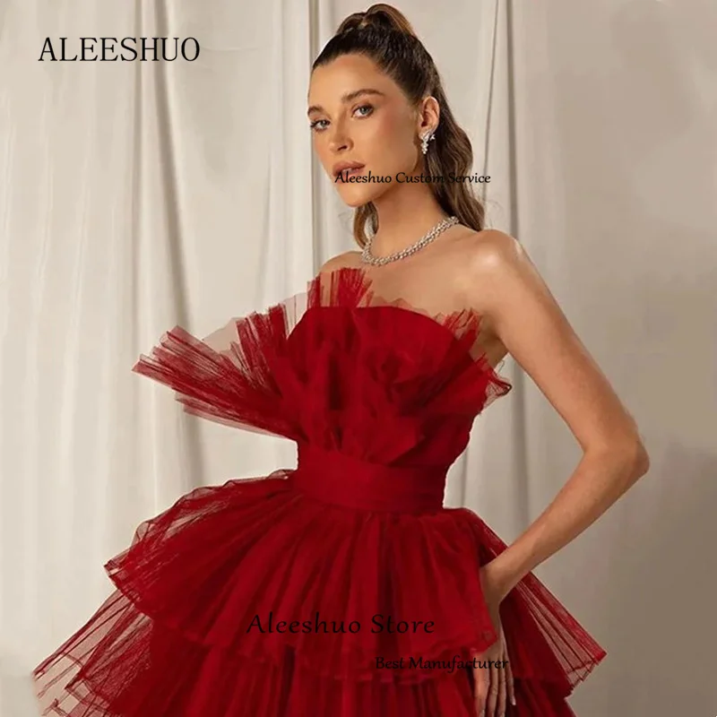 Aleeshuo vermelho a linha longo vestido de baile sem mangas tule strapless vestido de baile em camadas plissado vestido de festa فستانmaveraVestido personalizado