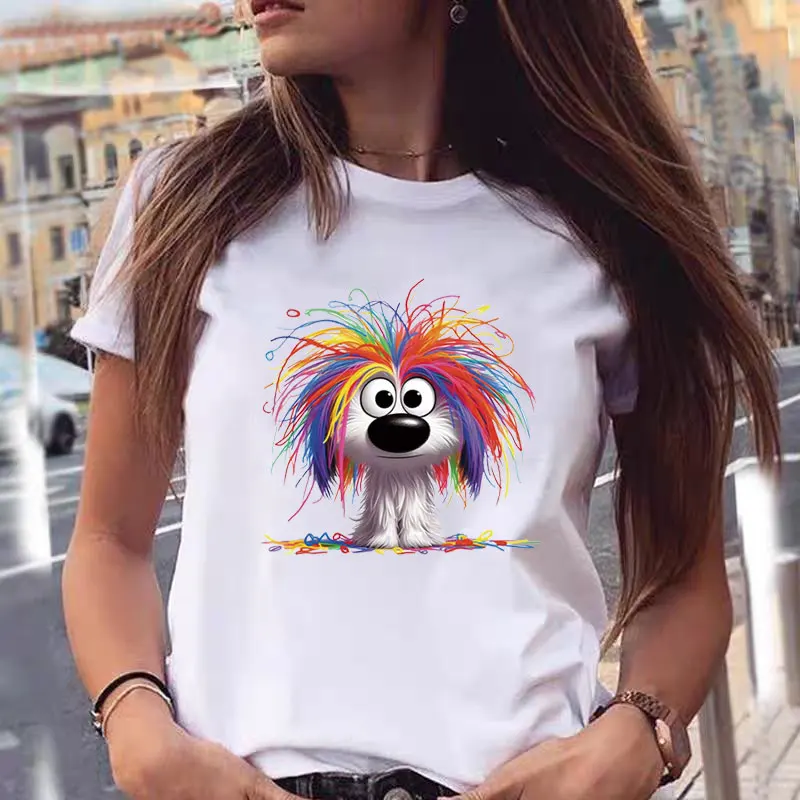 Long Hair Dog Print Women T-shirts Fashion Summer Ladies Tshirts Short Sleeves Clothes 2025 New O-neck Cotton Casual Tshirt