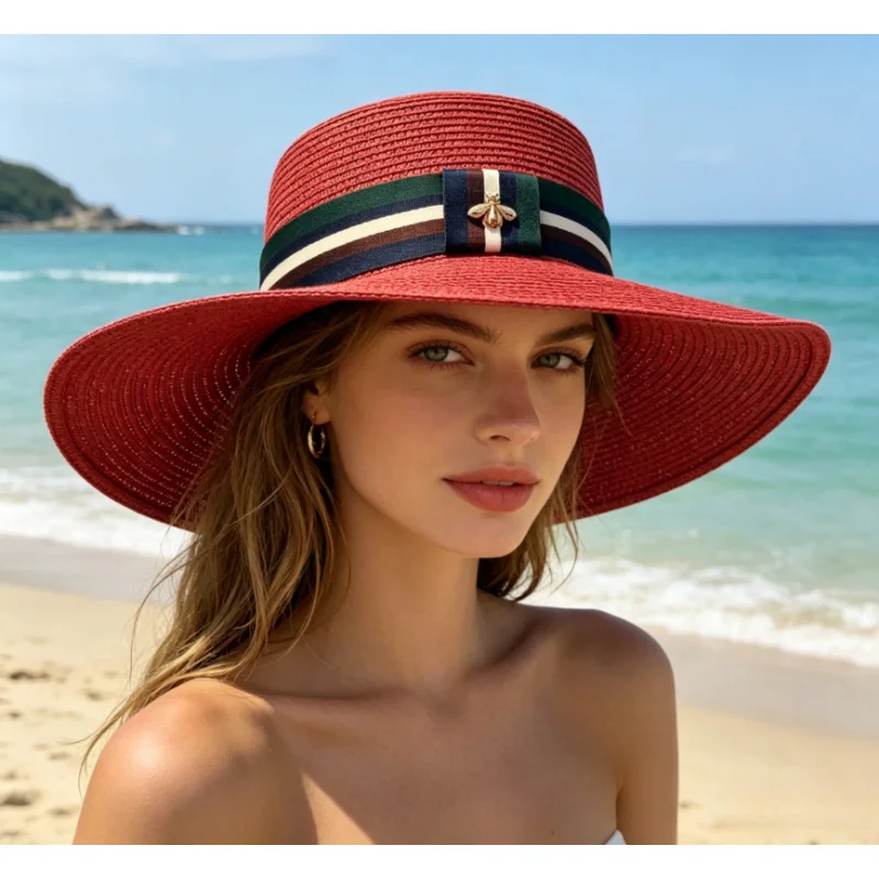 

2 pcs Flat Top Straw Hat Man Woman Striped Decorative Band With Bee Wide Brim Beach Sunhat for Summer Outdoor Holiday Vacation