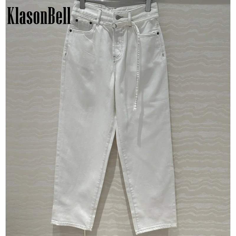 

7.23 KlasonBell Women's High Street Fashion Sashes Decoration White Jeans Frayed Pocket Washed Denim Straight Pants