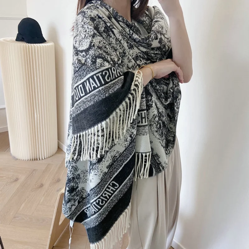 New2024Autumn and Winter Cashmere-like Jacquard Scarf Women\'s Thickened Warm Scarf Long Tassel Shawl