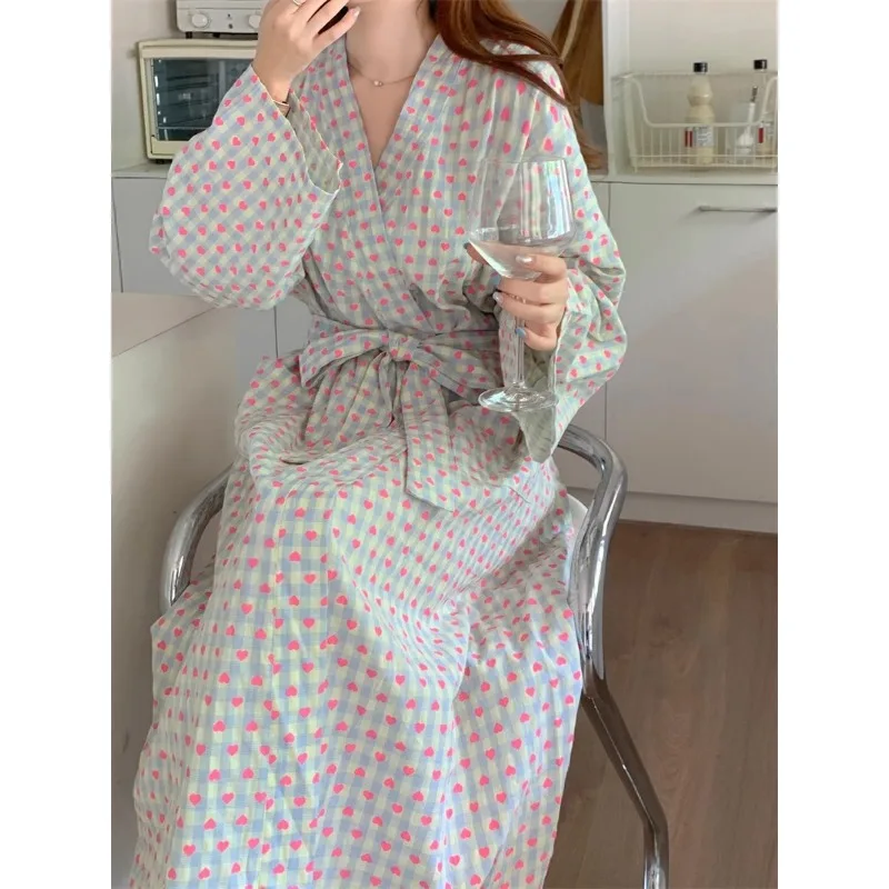 bathrobe women\'s bathing love plaid loose long sleeve long kimono V-neck lace up trousers nightgown sexy robe women\'s girl