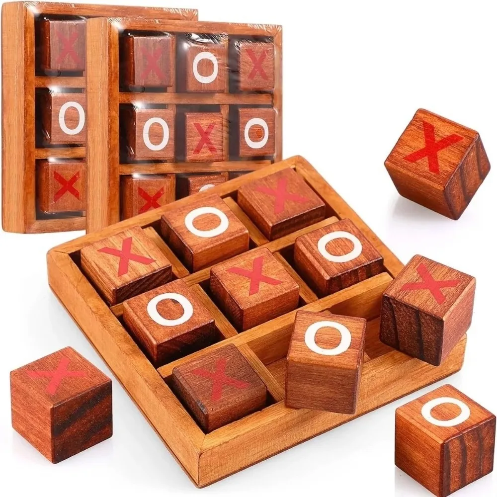 Portable Tic Tac Toe Game Wooden Handcrafted Finish Traditional XO Chess Set Interactive Design Training Toy