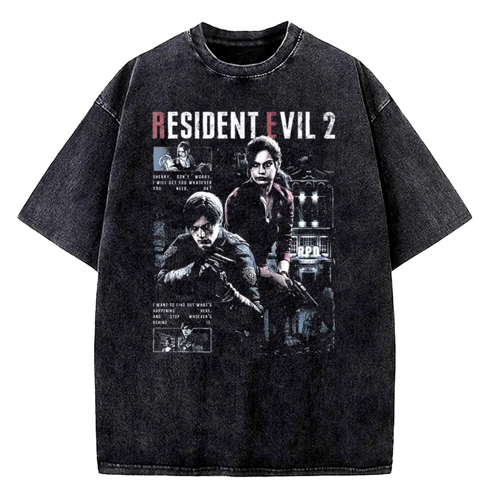 Leon Kennedy Requiem Game Theme Men's T-shirt Summer Vintage Washed Cotton Casual Suitable for Both Men and Women