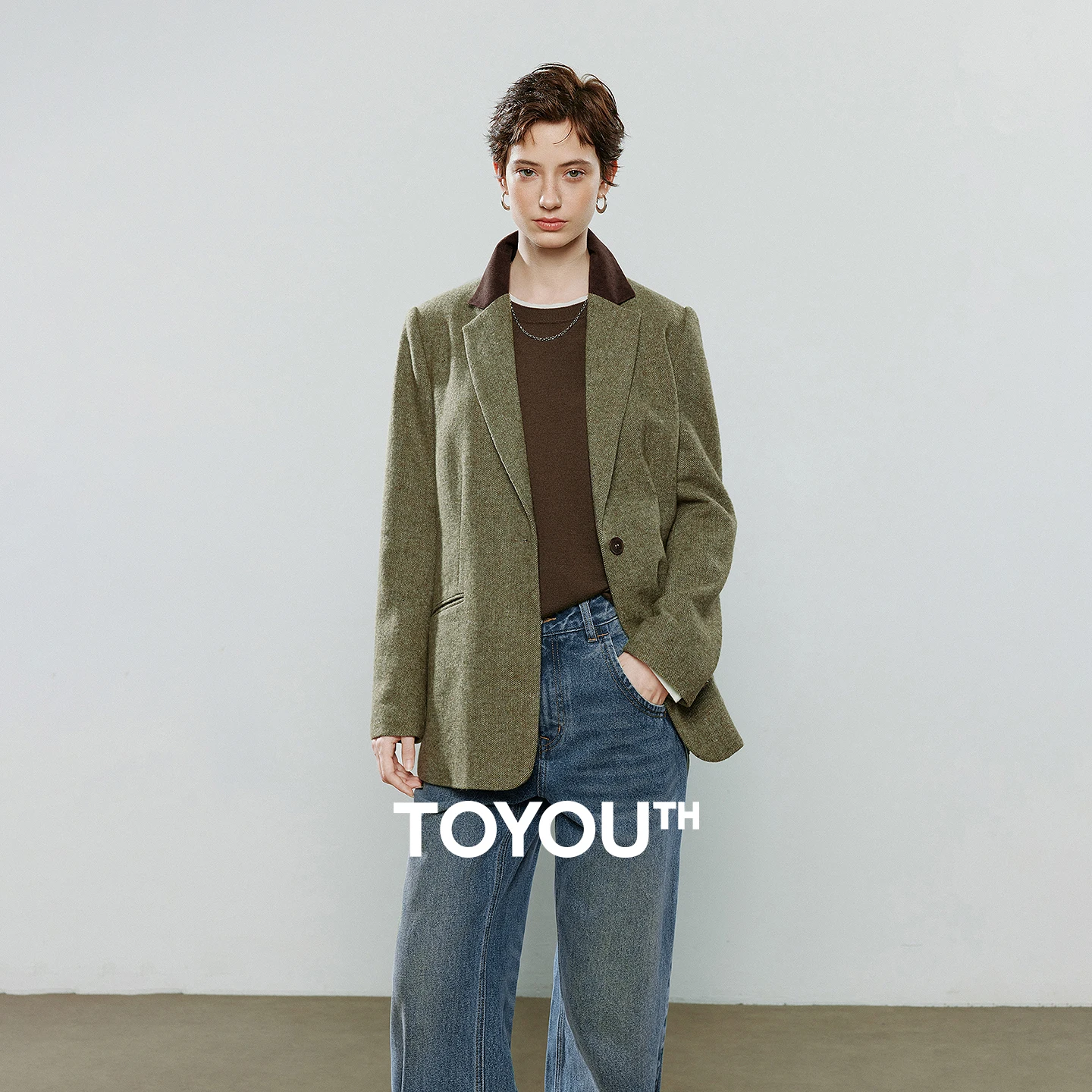 

TOYOUTH Women Coats 2025 Winter New Thick Twill Wool-Blend Contrast Color Retro Light Green Heathered Jacket