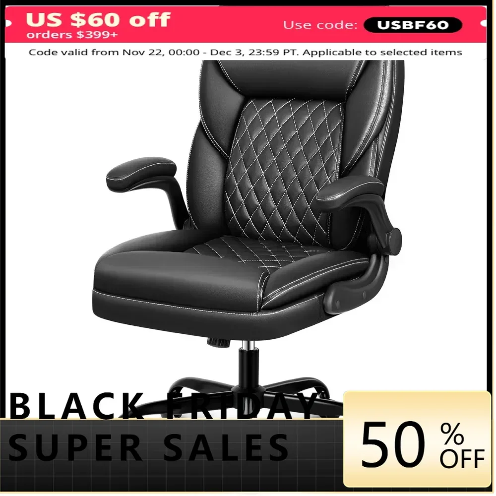 

Office Chair, Executive Leather Chairs, Ergonomic Computer Desk Chair with Adjustable Flip-Up Arms, Swivel Task Chair