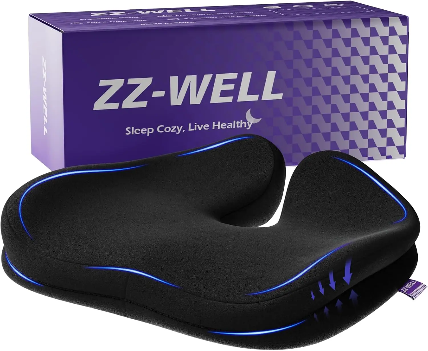 

Patented Coccyx Cushion for Tailbone Pain - Memory Foam Seat Cushion for Office Chair, Car - Non Slip, Carry Handle (Black)