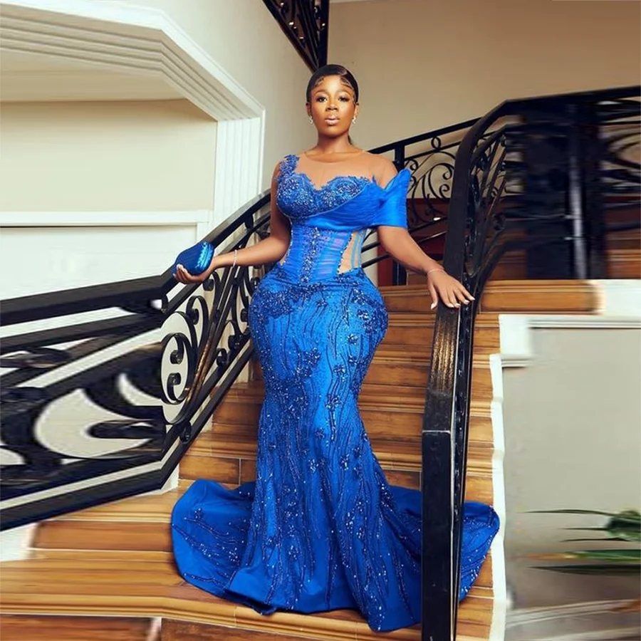 Royal Blue Lace Plus Size Prom Dresses Aso Ebi African Sheer Neck Mermaid Evening Gowns Black Girls Formal Occasion Formal Wear