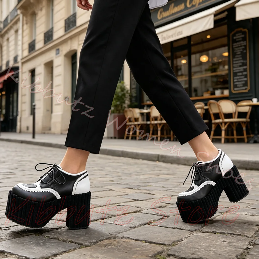Platform Pumps Mixed Color Heart Patch Ruffle Trim Shoes Front Lace Up Thick Block Heel Sweet Ladies Women Fashion Elegant Sexy