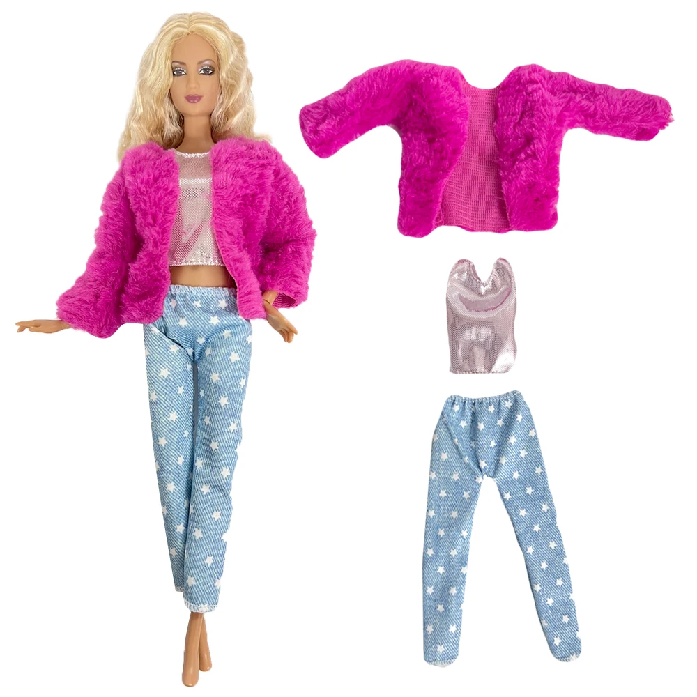 NK Official New Fashion Pink Coat For Barbie Clothes Dolls Accessories Plush Tops Pants Casual Clothing  Toys Kids Gift