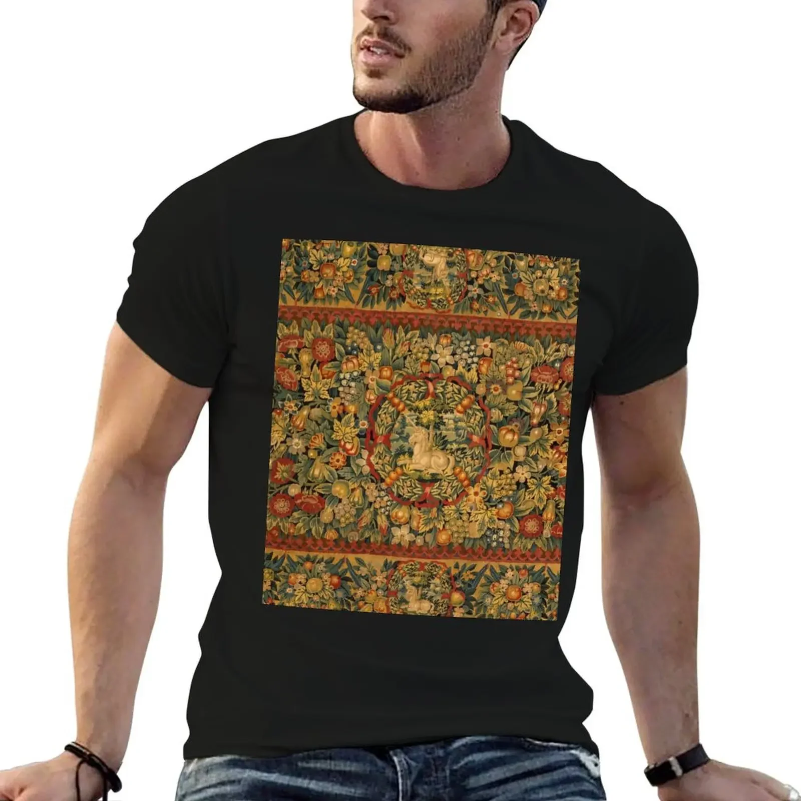 Medieval Unicorn Floral Tapestry T-Shirt summer top plus size tops vintage graphic tee mens big and tall t shirts