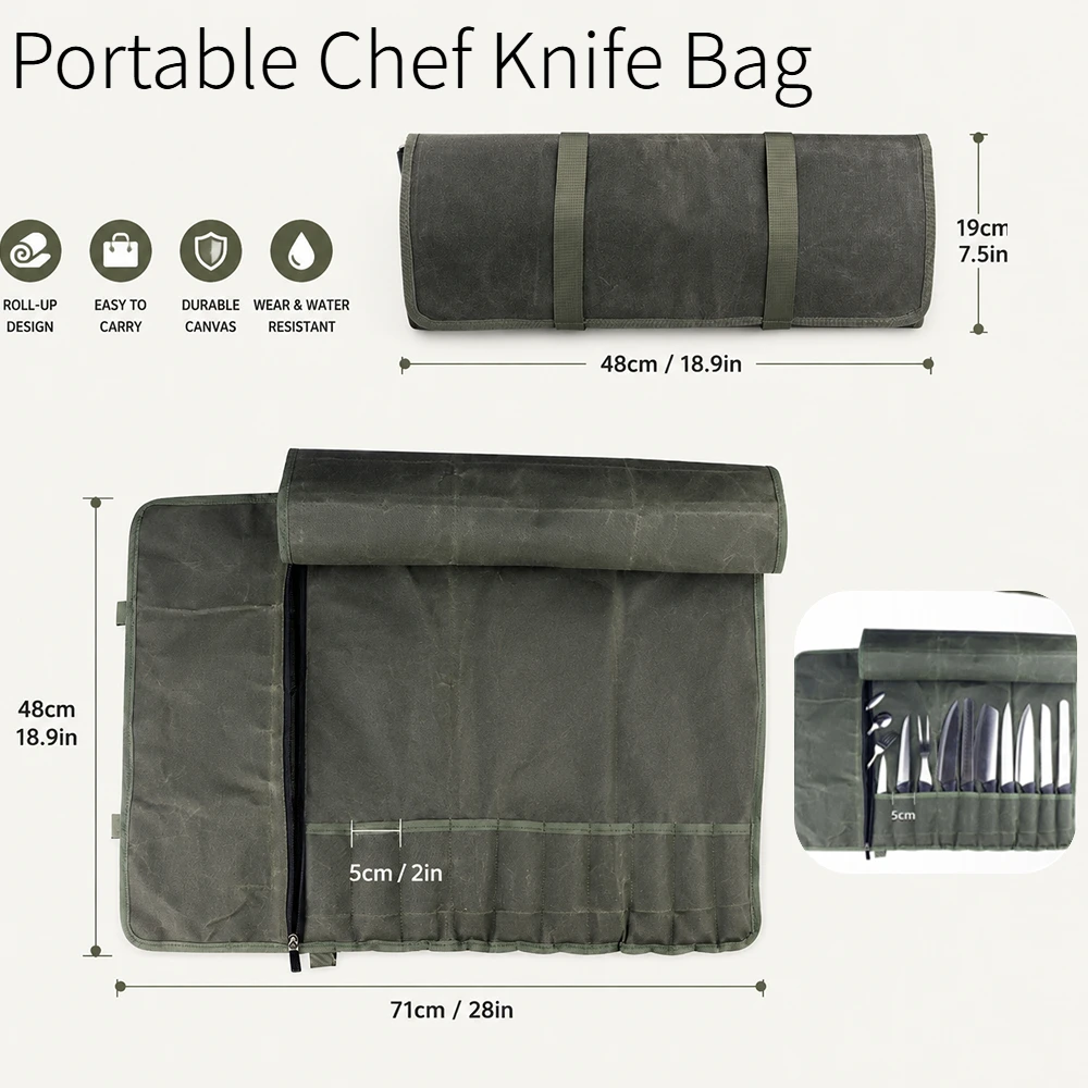 Professional Kitchen Cleaver Japanese Storage Pocket Portable Durable Waxed Canvas Chef Knife Bag Carrying Roll Case Outdoor