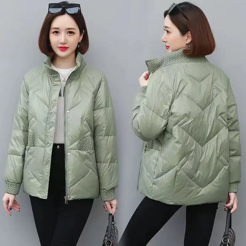 Nueva chaqueta de plumón para mujer de otoño e invierno, chaqueta holgada con empalme a prueba de viento y cuello levantado