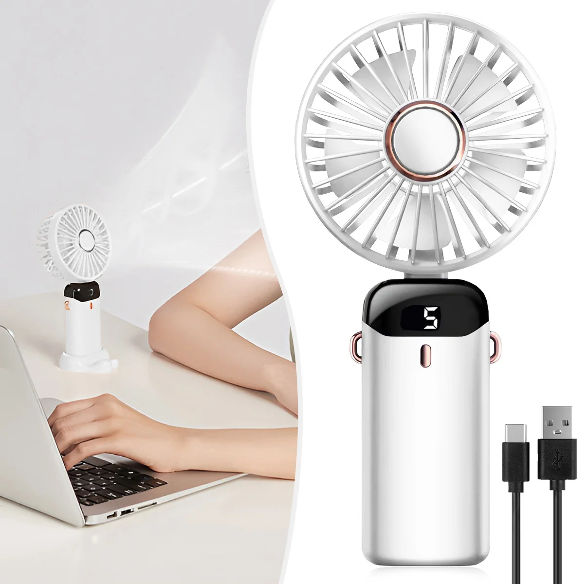 Tragbarer, wiederaufladbarer USB-Handventilator, faltbar, mit 5 Geschwindigkeitsstufen, Handyhalterung, digitaler Anzeige, Kühlung, zum Aufhängen am Hals – Detail 13