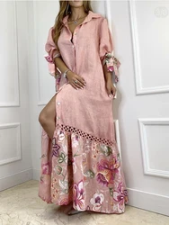 Elegant Lantern Sleeve Sundress Women Dress Fashion Lapel Neck Boho Printing Shirt Dress Single Breasted Maxi Dress Robe Femme