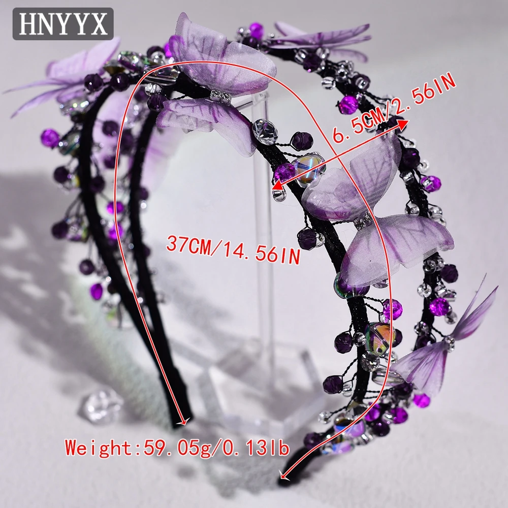 HNYYX Purple Rhinestone Wide Hairband Double Row Crystal Tiara With Butterfly Wedding Bride Wedding Hair Accessories A160