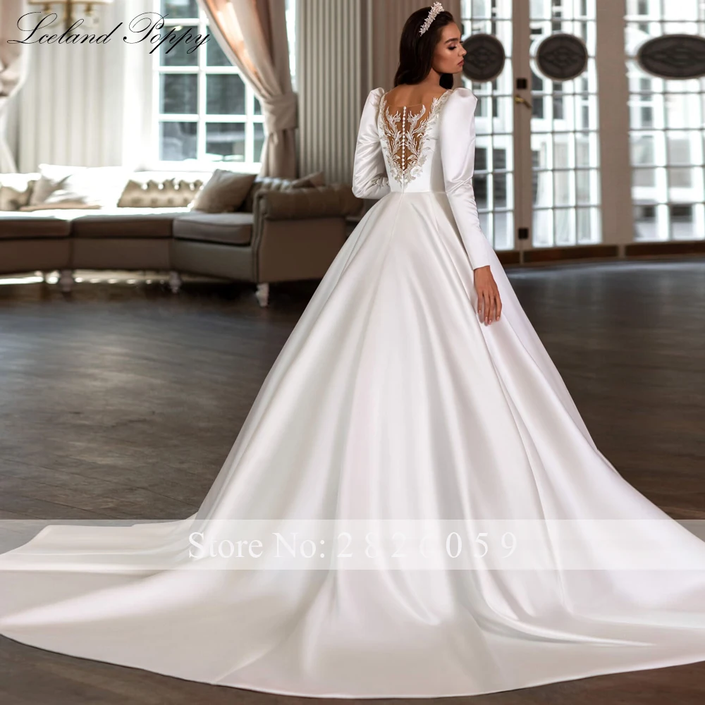 Lceland Poppy Customized A Line Scoop Neck Satin Wedding Dresses Full Sleeves Princess Beaded Bridal Gowns with Court Train