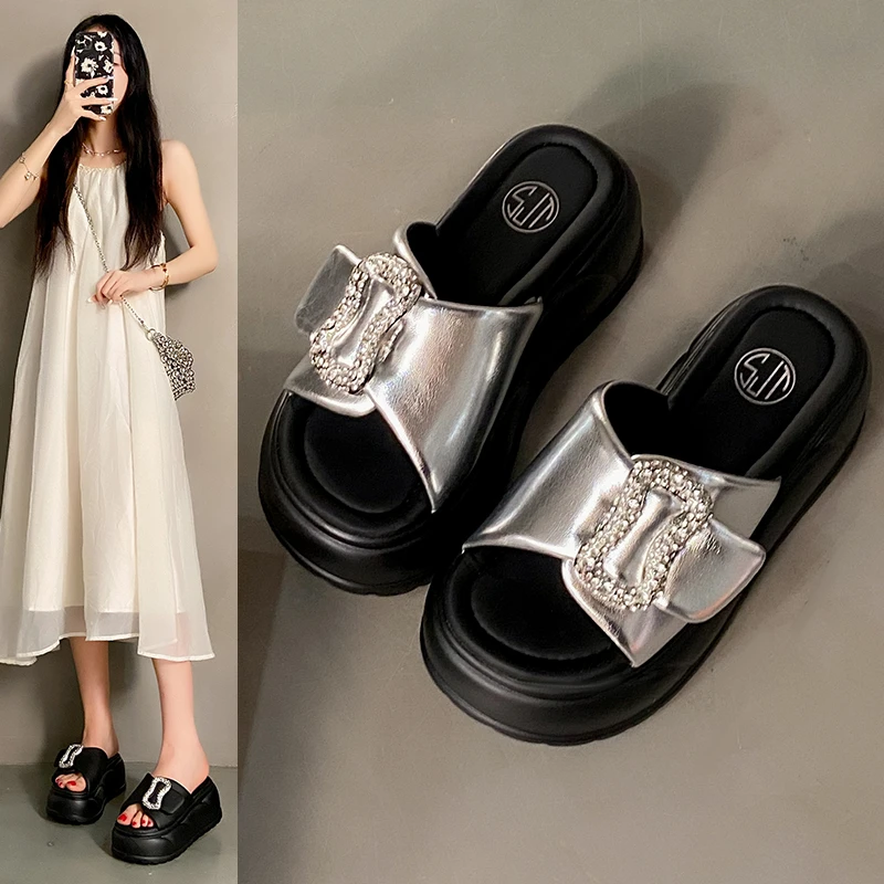 Women New Summer Crystal Platform Sandals Beige Thick Bottom Slippers Woman 7CM High Heels Fashion Open Toe Outdoor Beach Slides