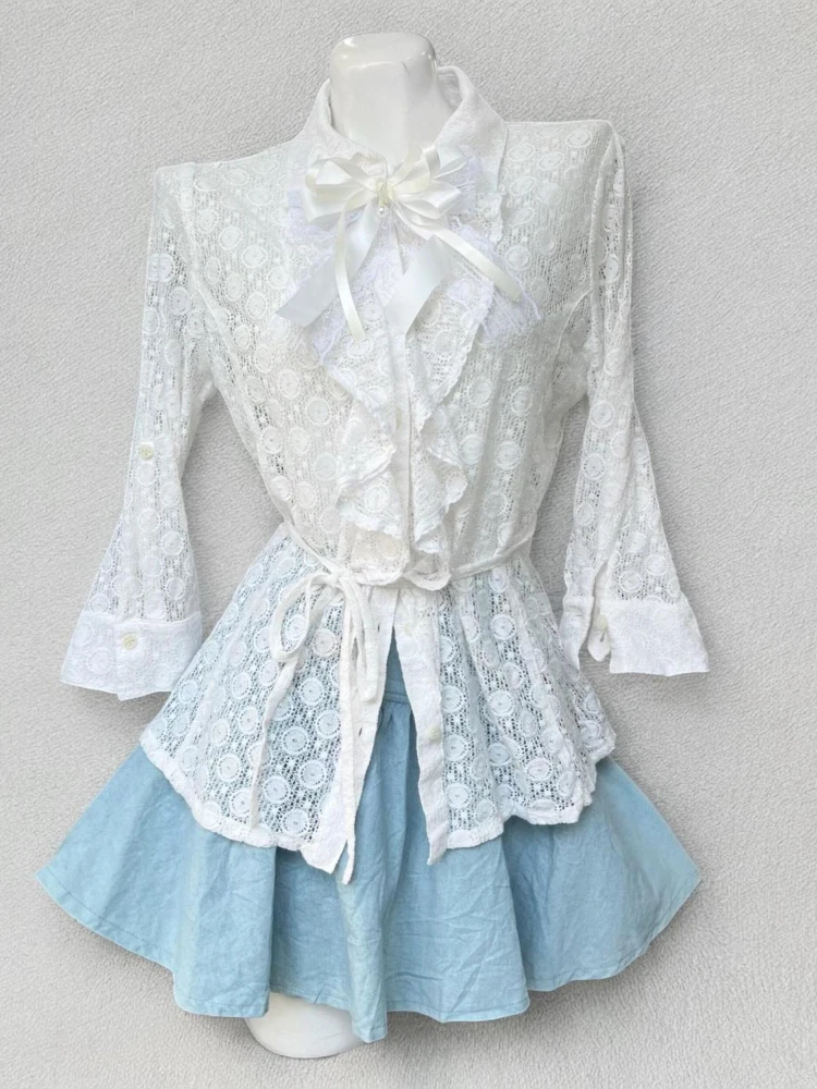 

Autumn American Retro Denim 3 Piece Set Women Y2k Blue Chic Vest Long-sleeved Shirt Fluffy Skirt Feamle Korean Popular Clothes