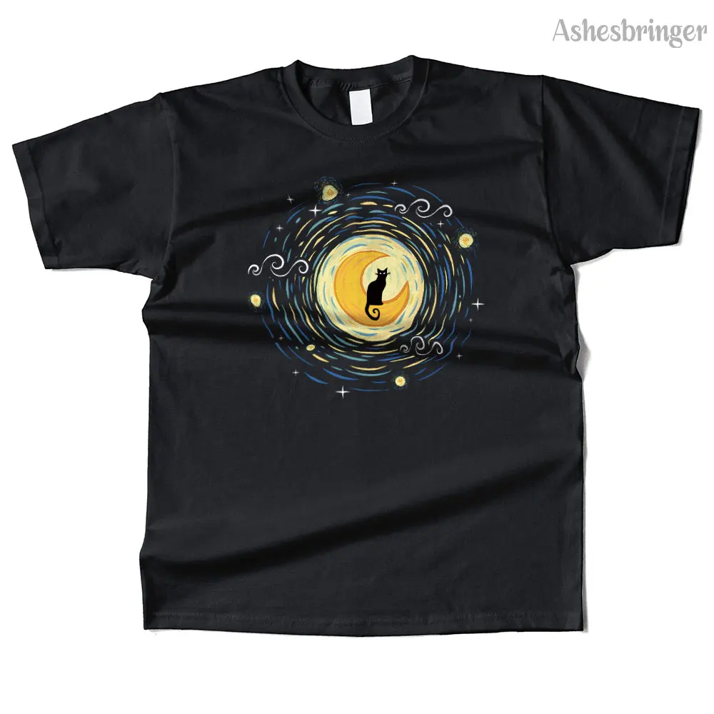 Mens Cotton Starry Moon Cat Graphic High Quality T Shirt Street Casual Style Tee for Men and Women