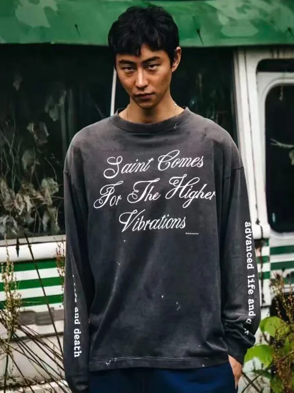 

LS TEE SAINT COMES Повседневная длинная футболка с принтом черепа, мужская модная изношенная хлопковая круглая дышащая футболка Ne Youth Faion