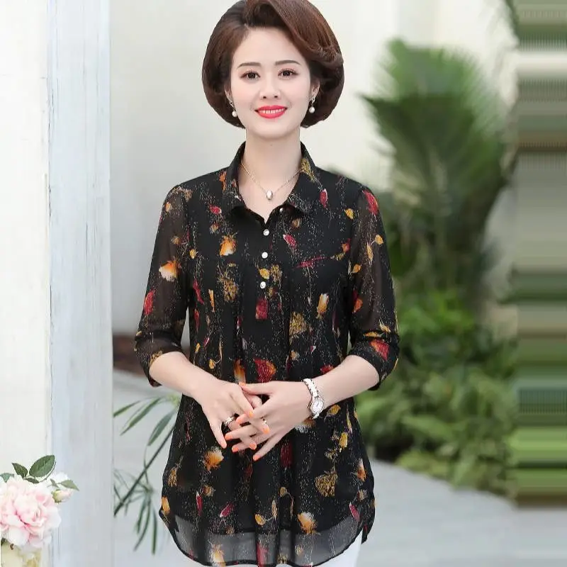 2023 New Women's Clothing Shirt Half Sleeve Polo-Neck Office Lady Loose Plus Size Fashion Casual Elegant Printed Button Blouse