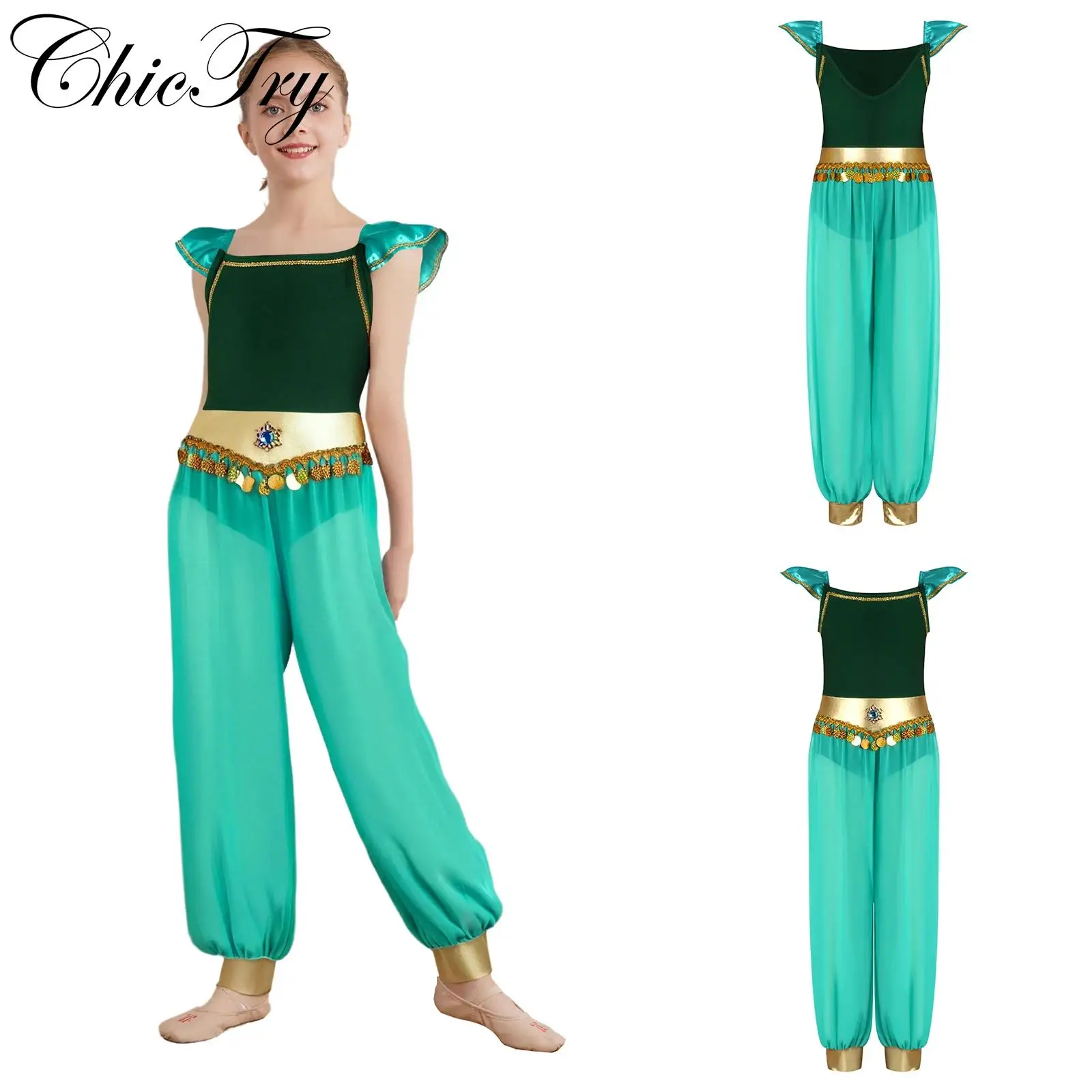 

Kids Girl Arabian Princess Costume Rhinestone Sequins Tassels Jumpsuit for Halloween Carnival Role Play Cosplay Party Dress Up