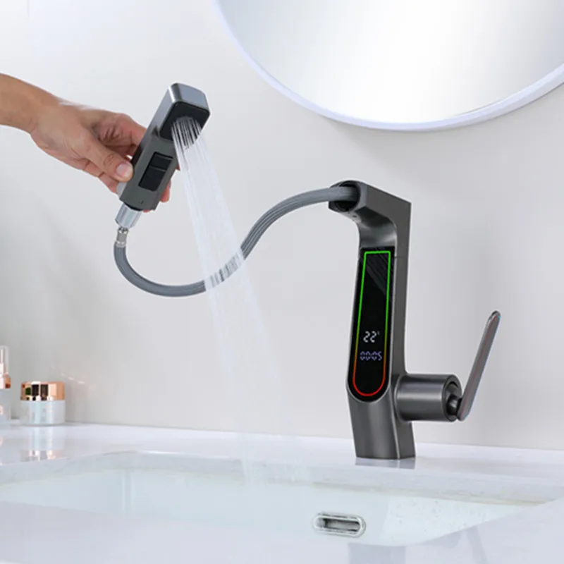 LED Digital Display Faucet Bathroom Flexible Pull Out Copper Tap Wash Basin Sink Deck Mount Hot Cold Mixer Water Faucets Crane