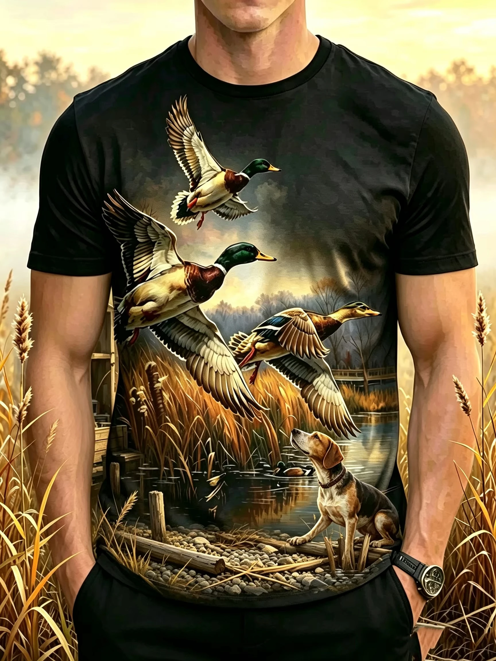 Outdoor Hunting Graphic Tees - Мужская футболка с 3D-принтом дикой утки