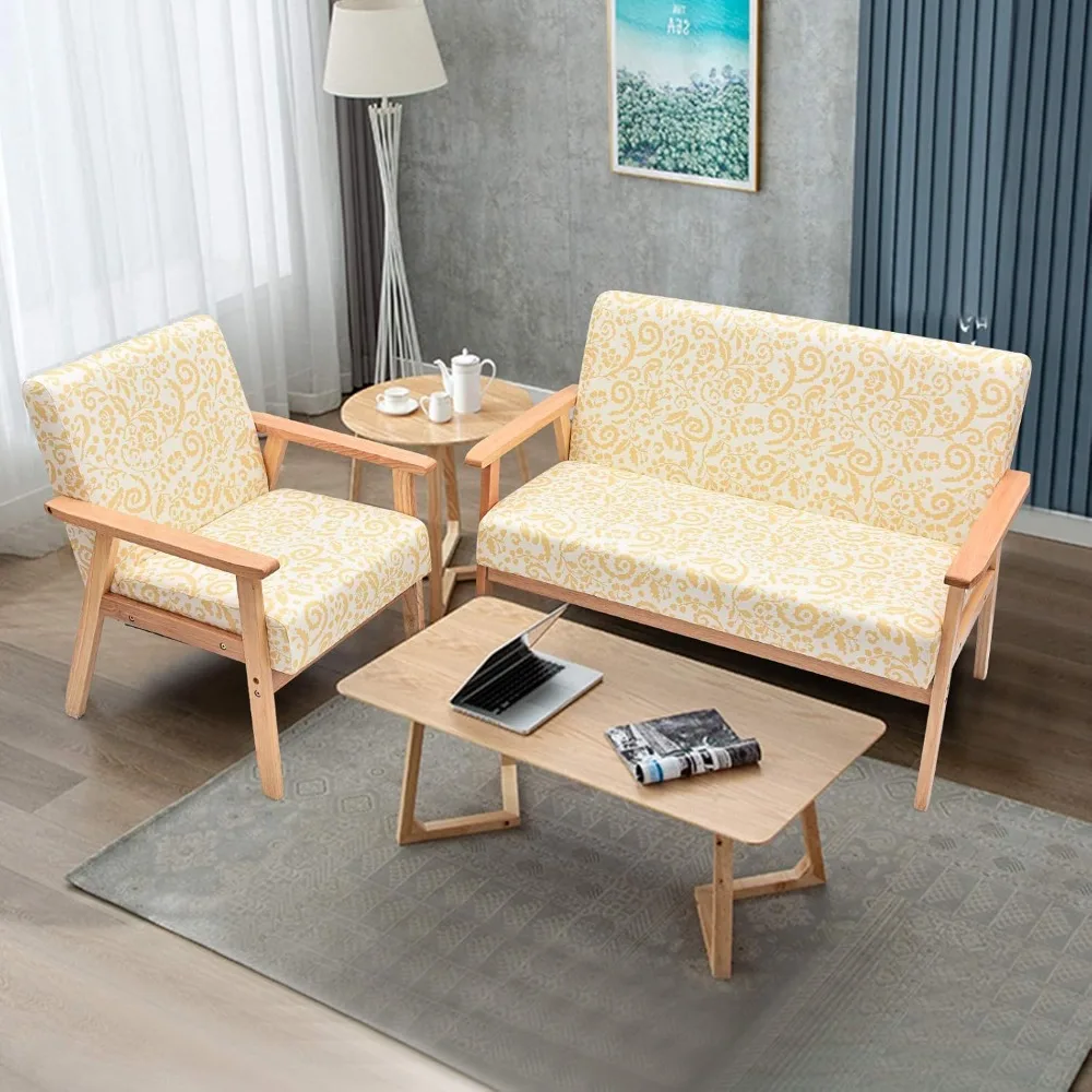 

Medieval-style Wooden Two-seater Sofa Set, Upholstered Wooden Lounge Chair, Two-seater Armchair Living Room Furniture Set