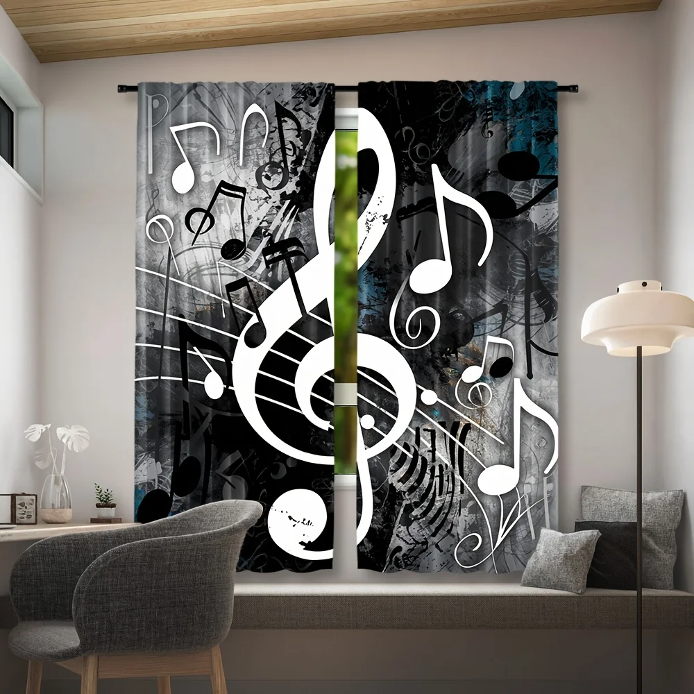 Music Note Curtain Panels, Treble Clef Musical Note Grunge Graffiti Print Drapes Music Lover Bedroom Stylish Living Room Decor