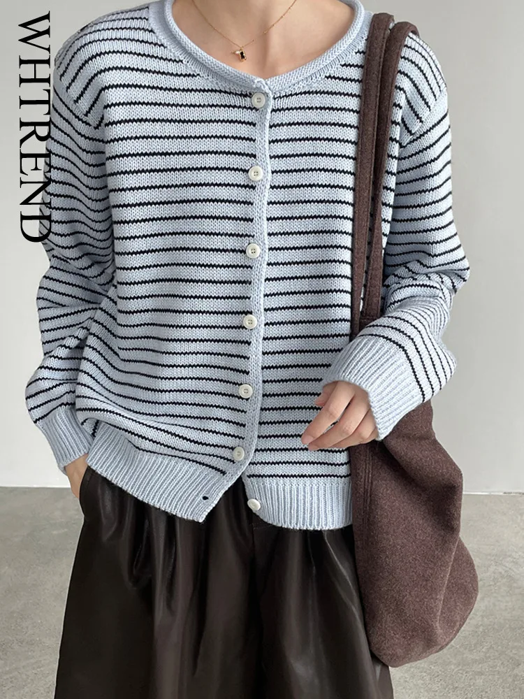 

WHTREND полосатый вязаный кардиган с круглым вырезом для женщин, осенний корейский стиль, универсальный повседневный свитер, куртка WH1771