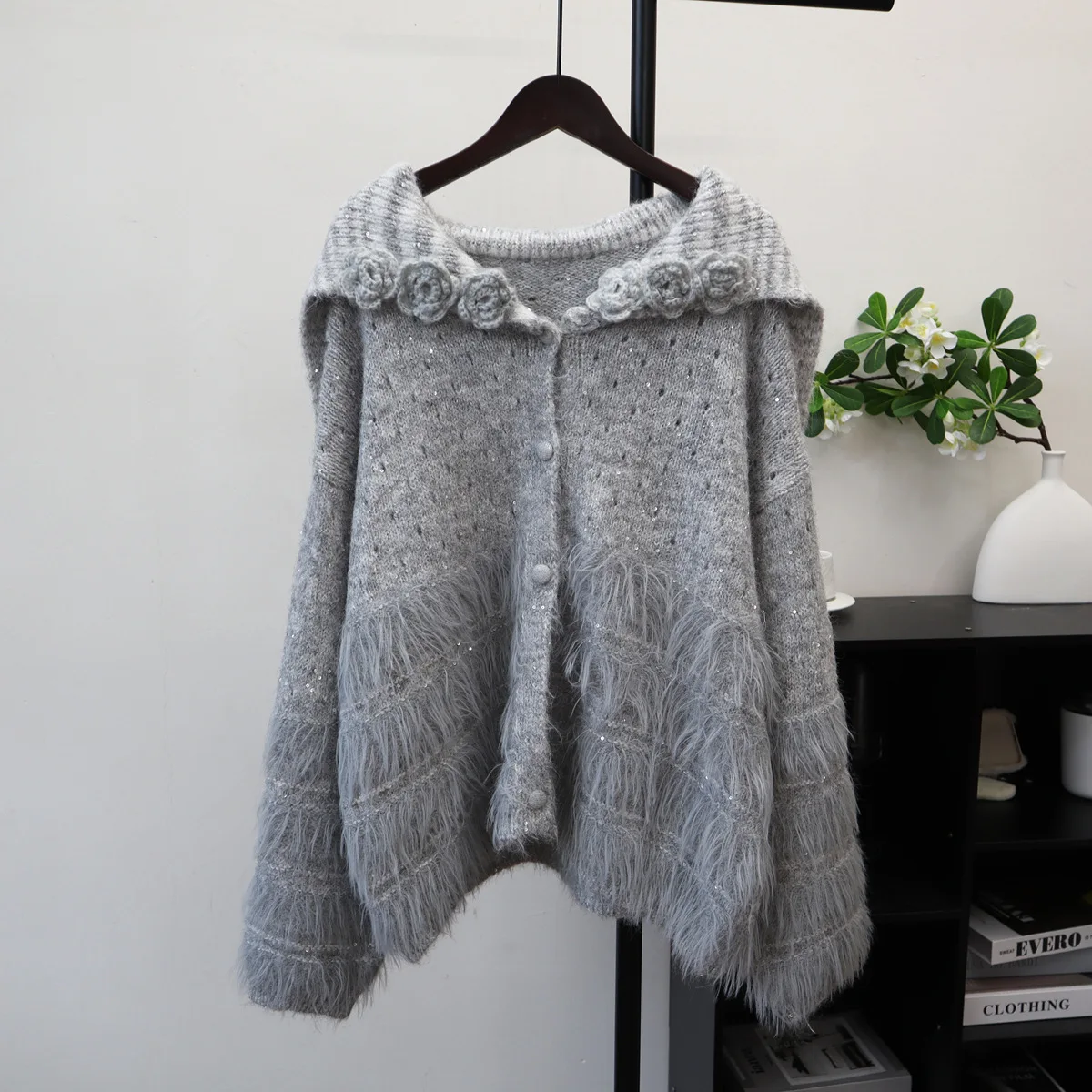

Faux Mink Sweater for Women Rose Flower Appliques Sailor Collar Knits Coat Female Autumn Winter Single Breasted Loose Cardigan