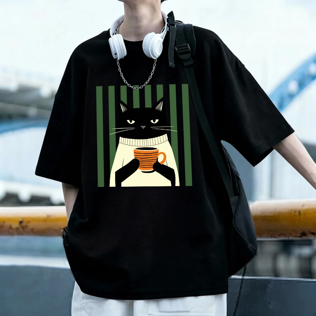 Black Cat Coffee Cup Design Man Cartoon O-Neck Tops All-Match Sportswear Casual Cotton Soft T-Shirt Fashion Korean Clothes