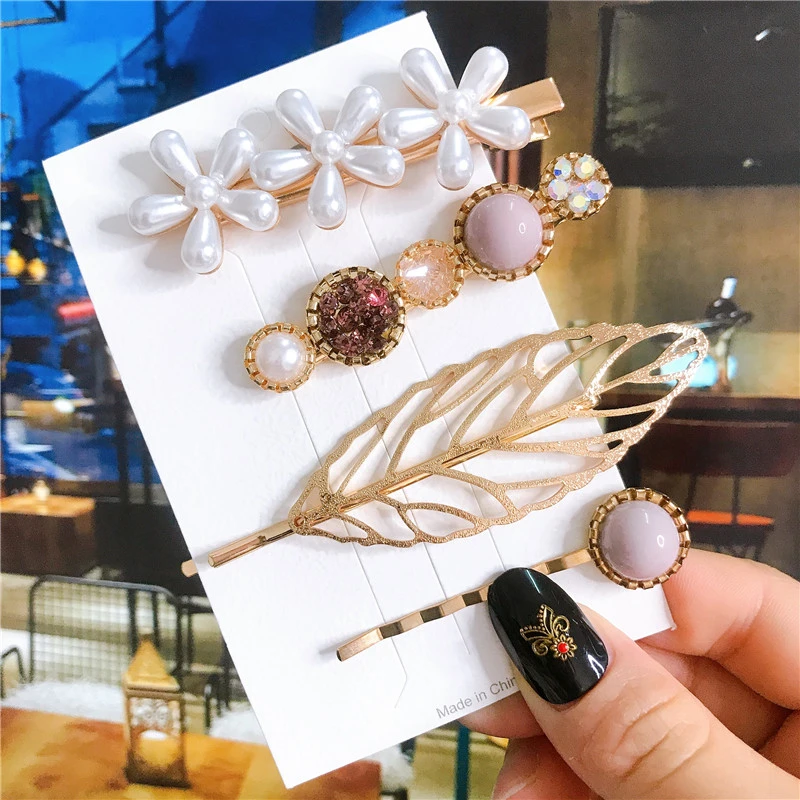 4pcs/set Korean Pearl Flower Acrylic Hairpin Barrettes Geometric Side Hair Clips Accessoires for Women Girls 2023 New Headwear